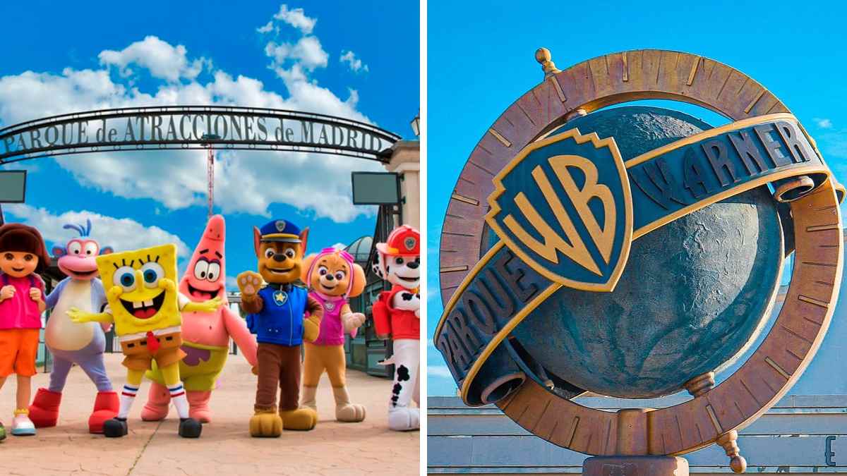Parque de Atracciones de Madrid con personajes infantiles y logo de Parque Warner en el inicio de temporada 2026