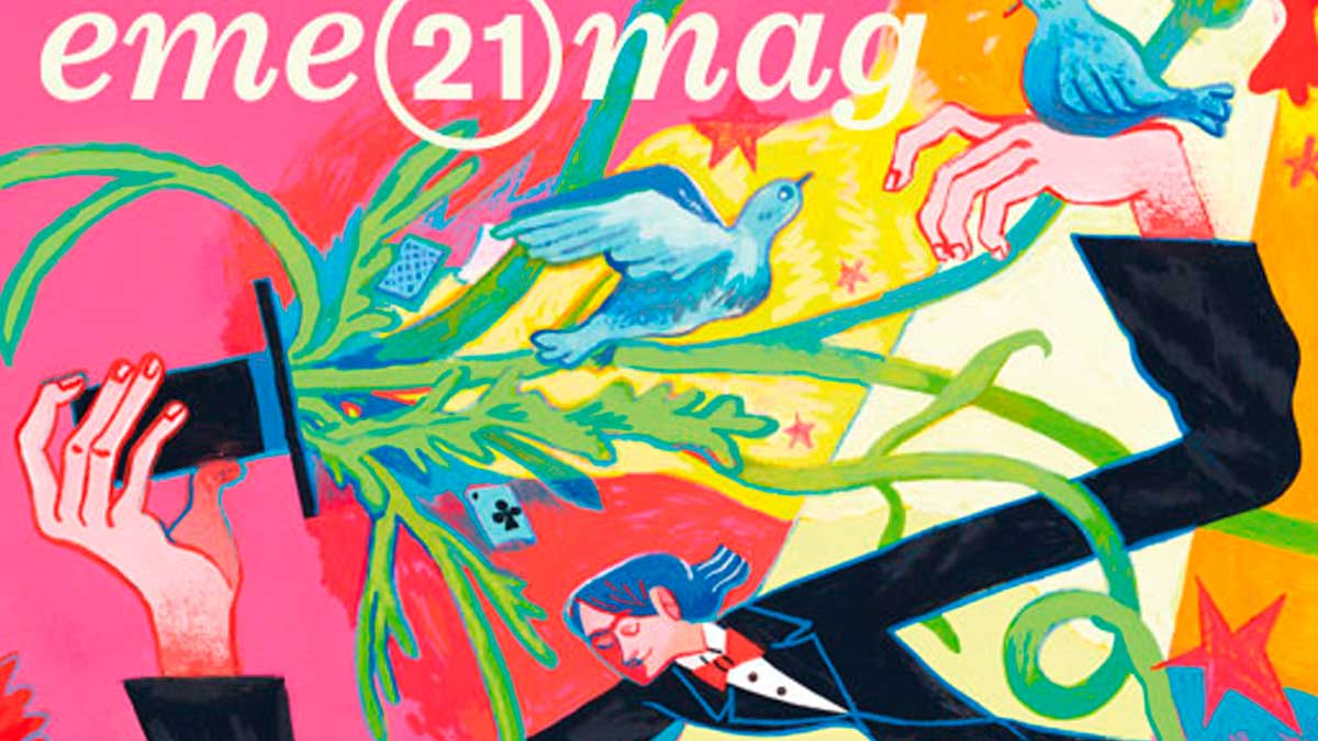Ilustración de la portada de eme21mag con un mago, palomas y elementos de magia en Madrid