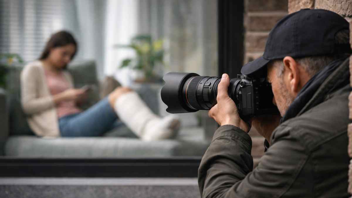 Detective fotografiando a trabajadora de baja médica desde la calle a través de una ventana
