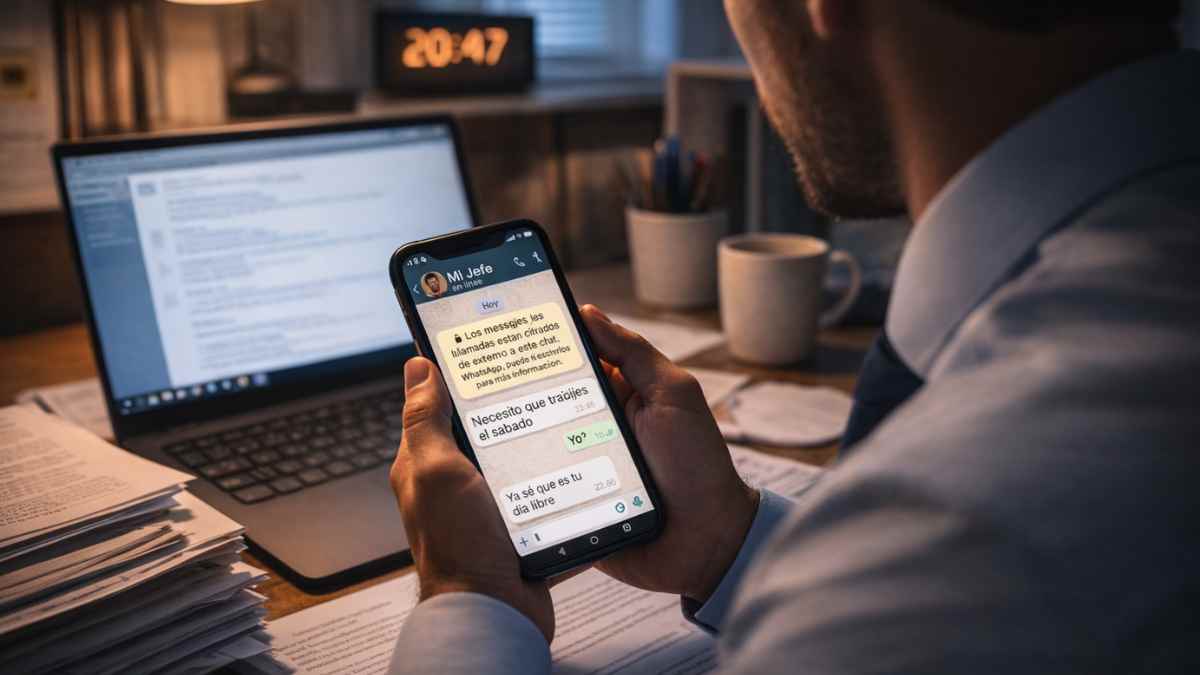 Trabajador leyendo un mensaje de WhatsApp de su jefe fuera del horario laboral