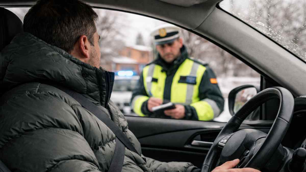 Guardia Civil sancionando a un conductor con abrigo grueso por posible multa de la DGT de hasta 200 euros