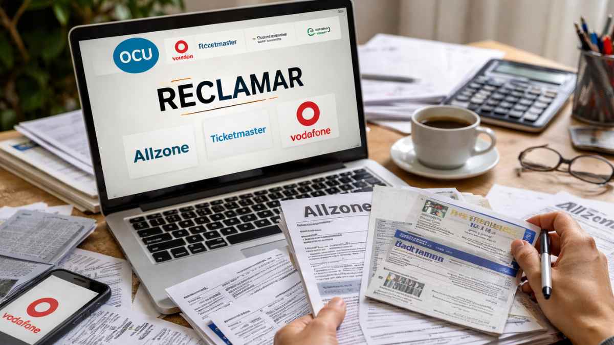 Persona revisando facturas y reclamaciones ante la OCU en un ordenador con la plataforma Reclamar abierta