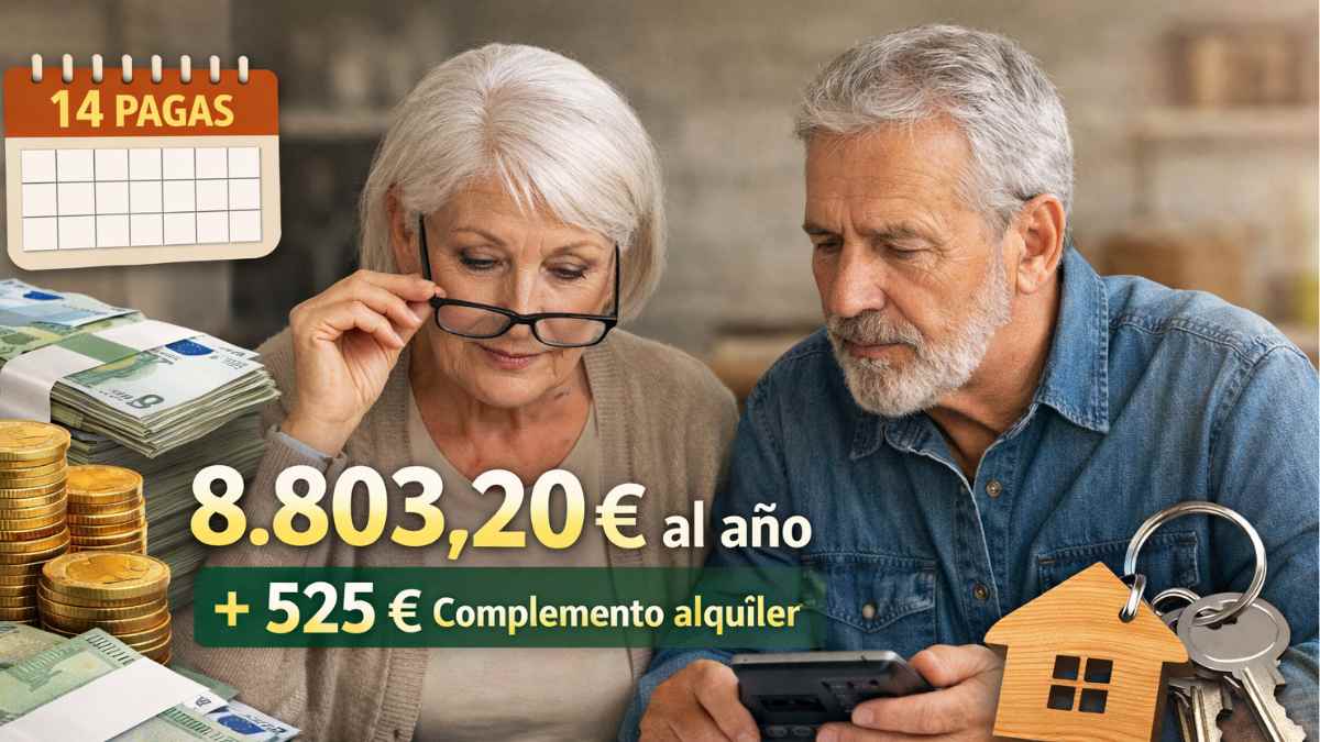 Pareja mayor revisando cuentas sobre la pensión no contributiva de 8.803 euros al año y el complemento de alquiler de 525 euros
