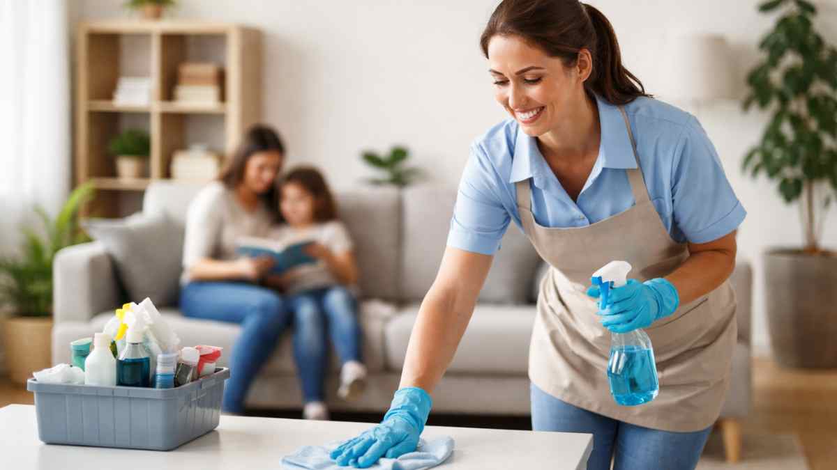 Empleada de hogar realizando tareas domésticas en un domicilio familiar beneficiario de una subvención en 2026