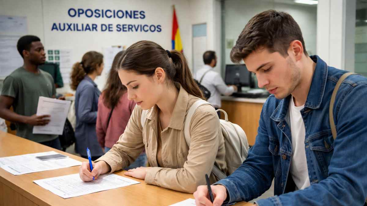 Personas rellenando solicitudes para la oposición de Personal Auxiliar de Servicios sin titulación en Madrid