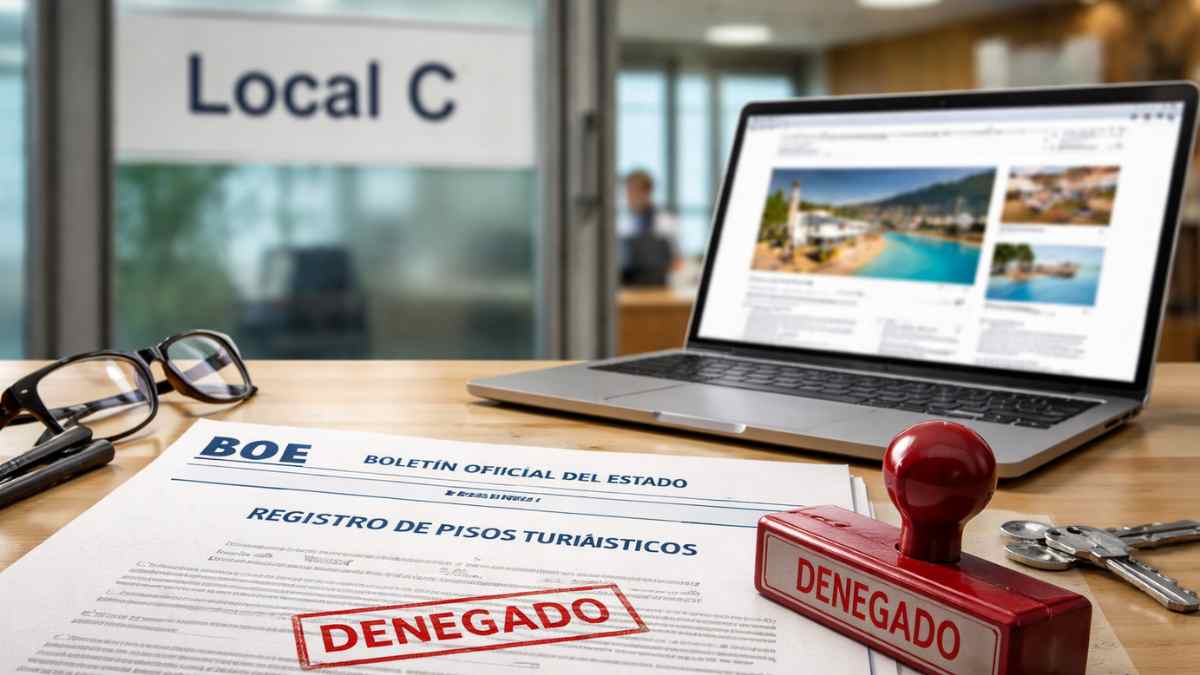 Documento del BOE sobre registro de pisos turísticos con sello de denegado por figurar como local sin licencia