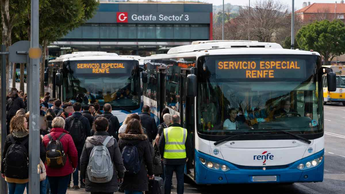 Autobuses lanzadera de Renfe en Getafe Sector 3 por la reducción de trenes en la línea C-4