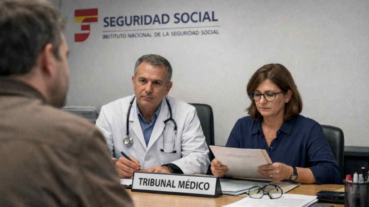Tribunal médico de la Seguridad Social revisando una incapacidad permanente en oficina del INSS