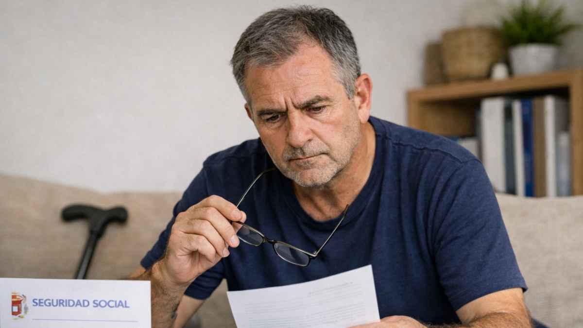 Hombre de 56 años revisa la resolución de incapacidad permanente de la Seguridad Social con documentos, dinero y calculadora sobre la mesa