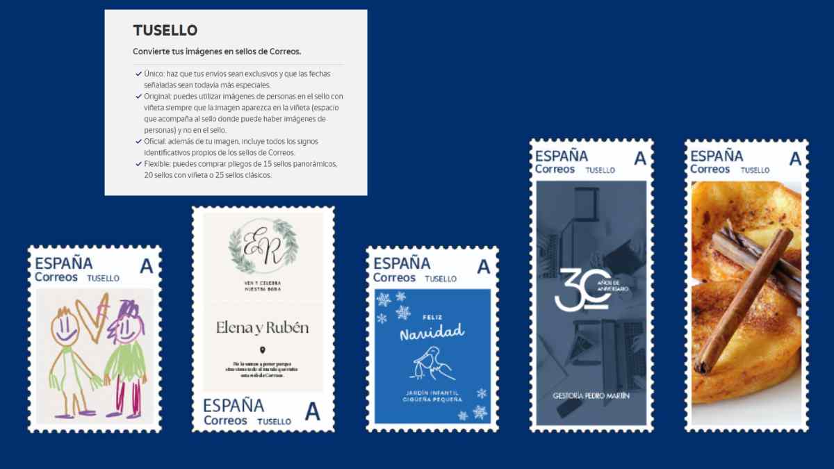 Sellos personalizados de Correos TUSELLO con diseños de boda, Navidad, dibujo infantil y empresa en Madrid