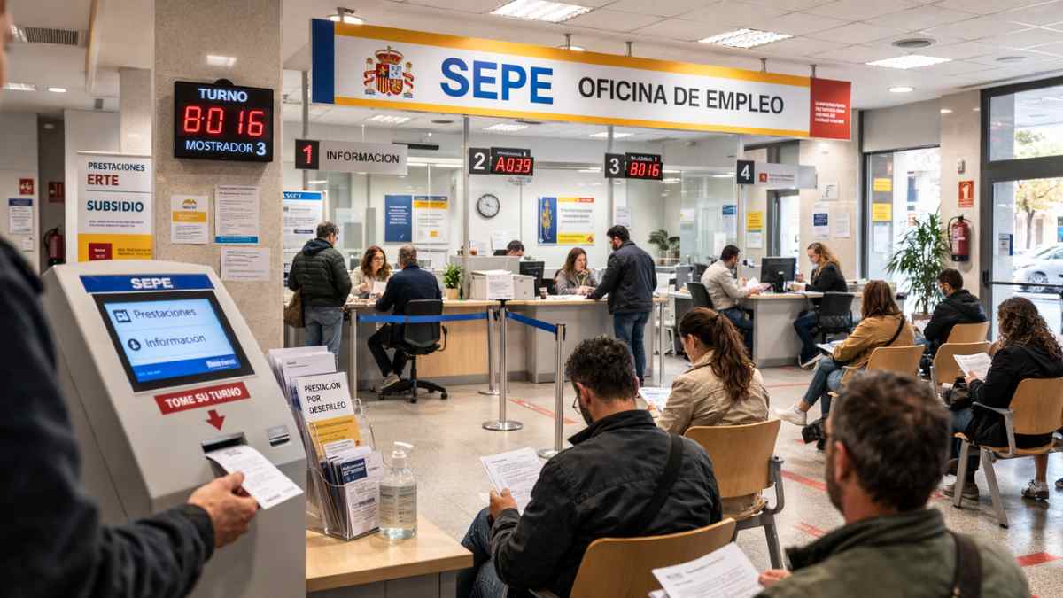 Oficina del SEPE con personas realizando trámites sobre el paro y compatibilidad con trabajo a jornada completa