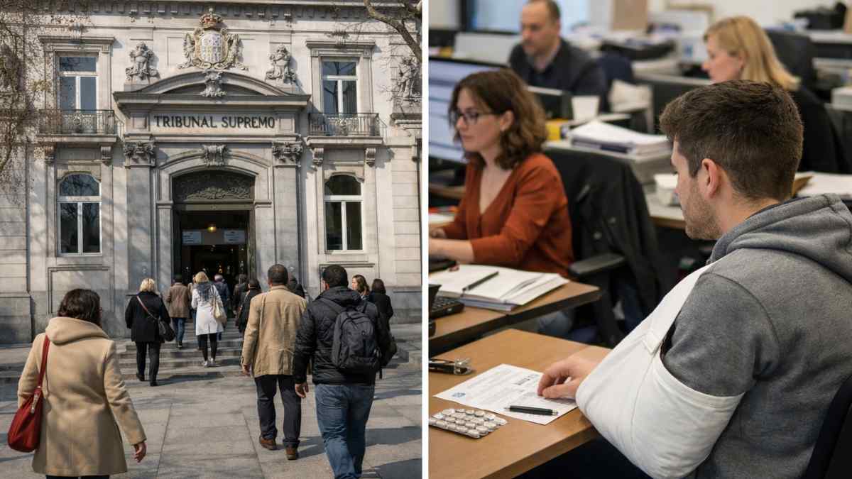 Tribunal Supremo y trabajador en oficina durante una baja médica relacionada con el cobro del bonus salarial