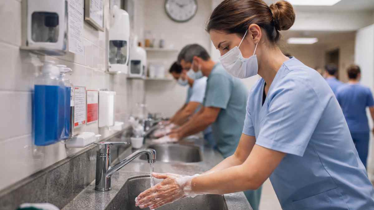 Trabajadora sanitaria lavándose las manos en residencia tras sentencia del Supremo sobre pausa de aseo