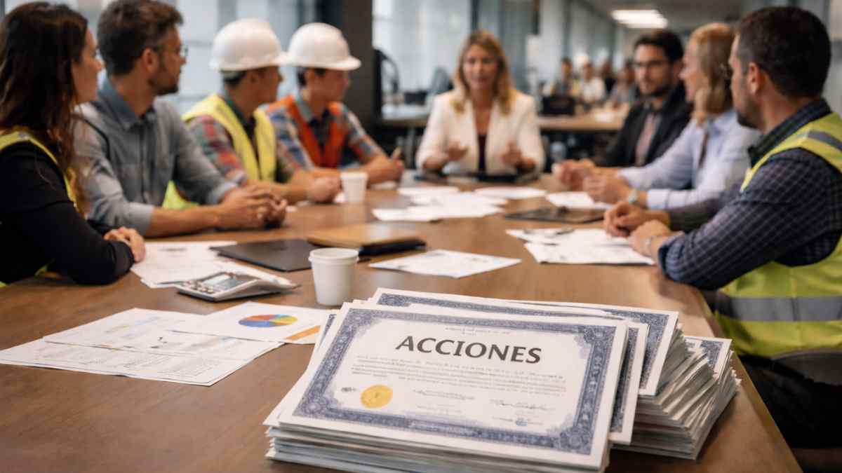 Trabajadores reunidos en una empresa con documentos de acciones sobre la mesa