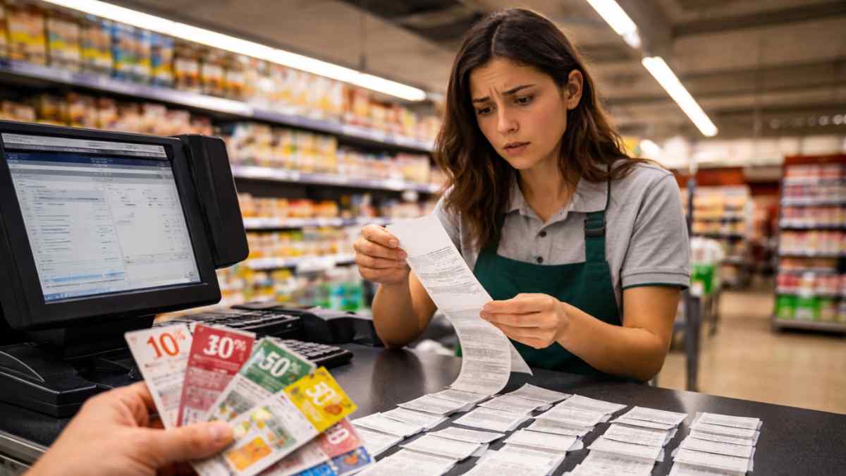Cajera revisando varios tickets tras fraccionar una compra para aplicar cupones descuento, caso de despido procedente confirmado por el TSJ
