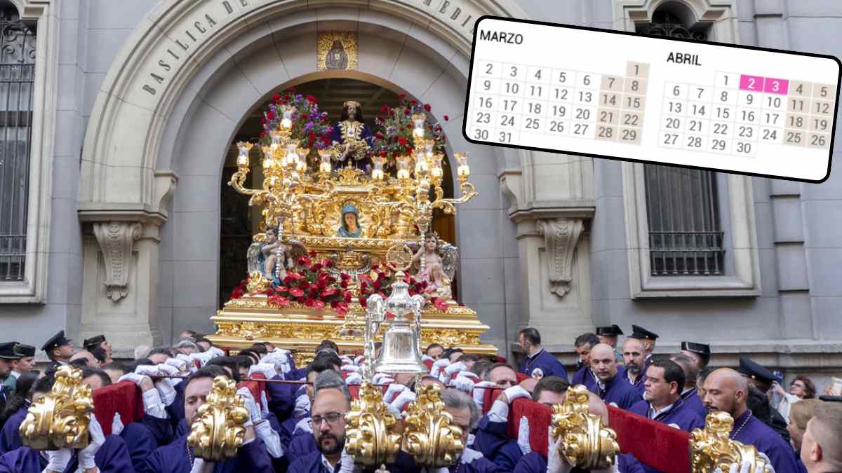 Paso de Semana Santa en Madrid con calendario marzo y abril 2026 marcando las vacaciones escolares