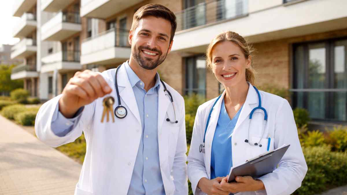 Médicos mostrando llaves frente a viviendas públicas en iniciativa para cubrir vacantes sanitarias