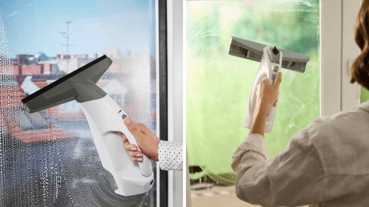 Limpiacristales recargable de Aldi en oferta por menos de 25 euros limpiando una ventana