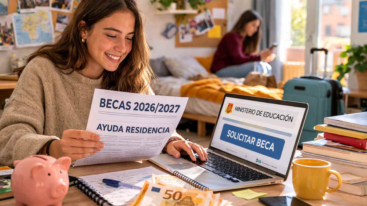 Ayuda residencias para estudiantes en las becas 2026 mientras una universitaria solicita la beca desde su ordenador
