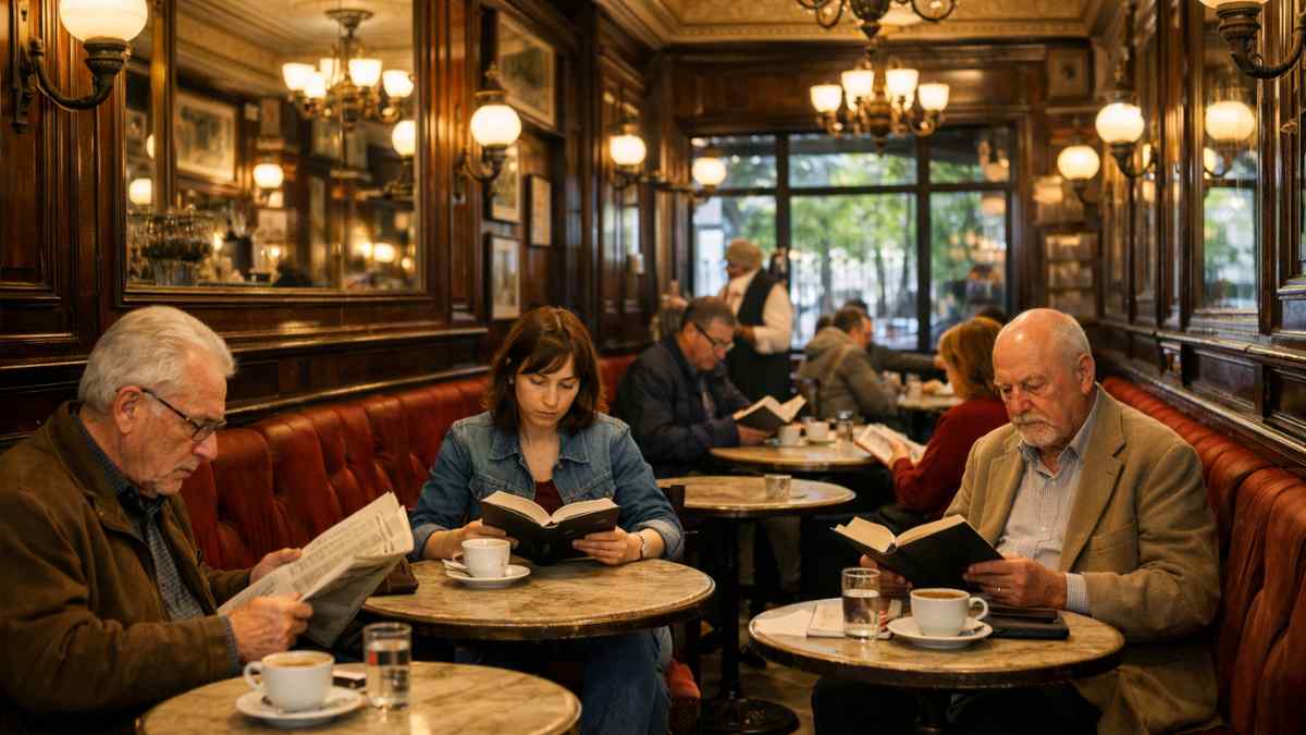 Café Gijón Madrid interior con clientes leyendo tras su reapertura histórica