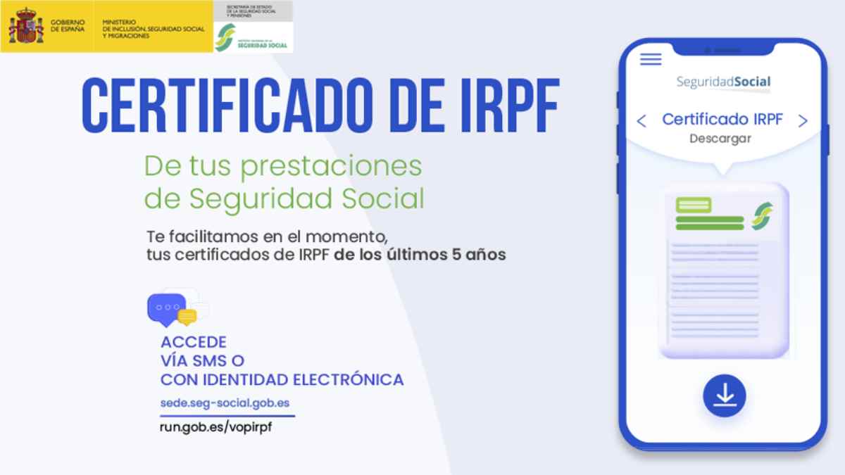 Certificado de IRPF de las prestaciones de la Seguridad Social disponible para descargar por SMS desde la sede electrónica