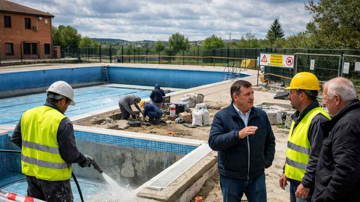 Rehabilitación de piscinas en el polideportivo de Belmonte de Tajo con trabajadores realizando obras de mejora