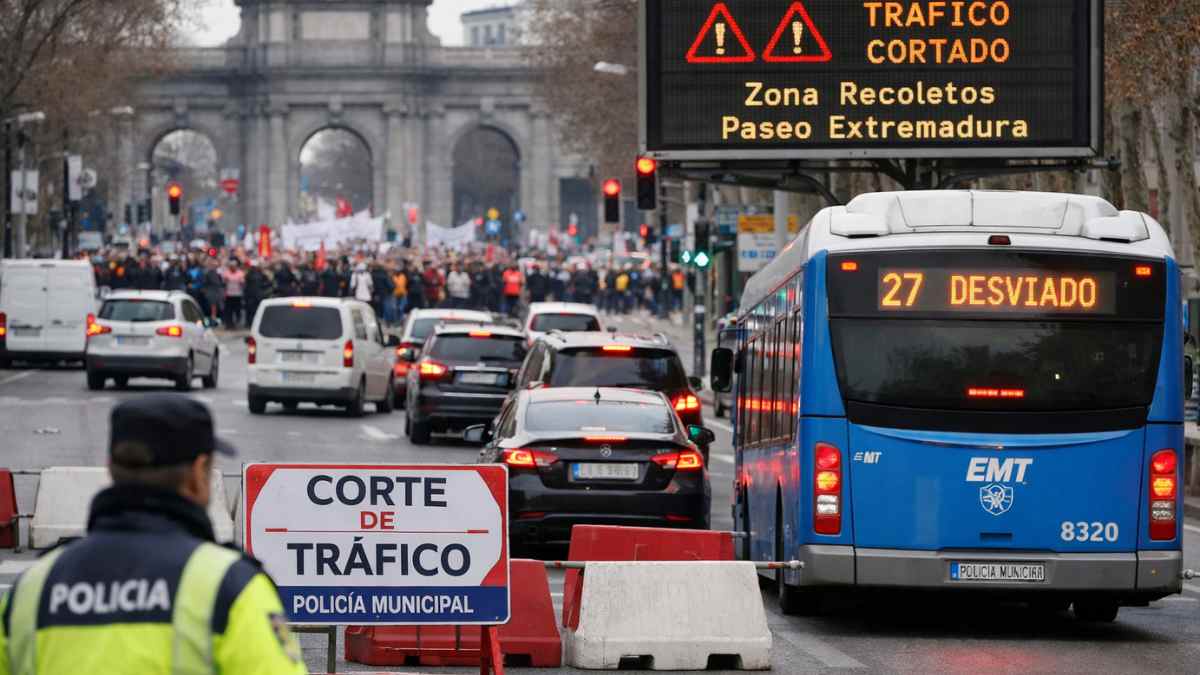 Cortes de tráfico en Madrid por manifestación en Paseo de Recoletos con autobús de la EMT desviado y señal de tráfico cortado