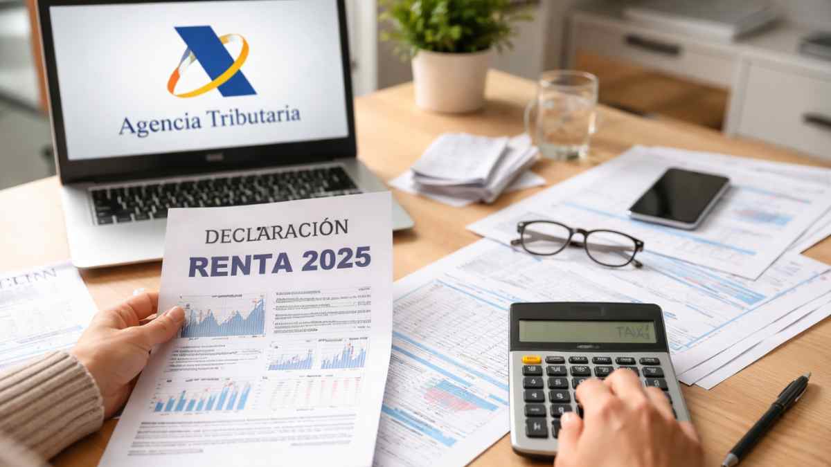 Declaración de la Renta 2025 con documentos fiscales, calculadora y la web de la Agencia Tributaria en un ordenador
