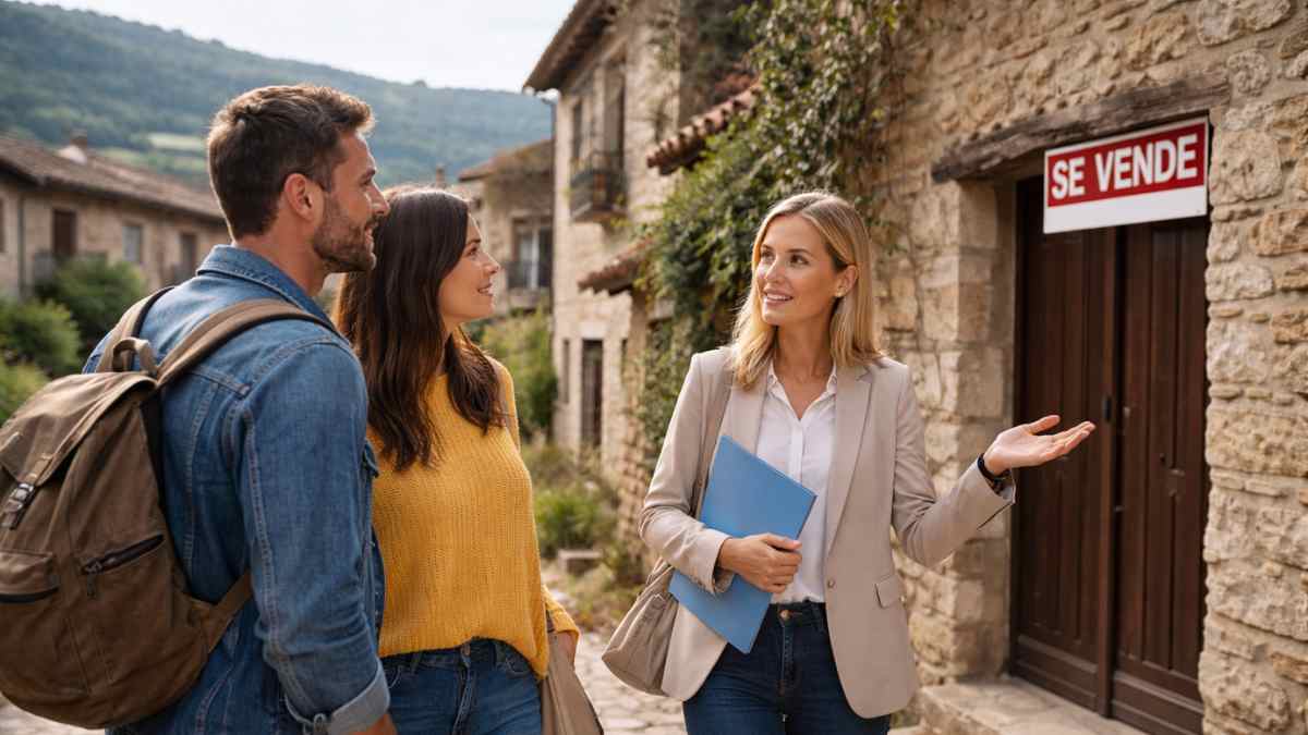 Pareja joven visitando una vivienda en venta en un pueblo pequeño de Madrid para beneficiarse de deducciones en la Renta