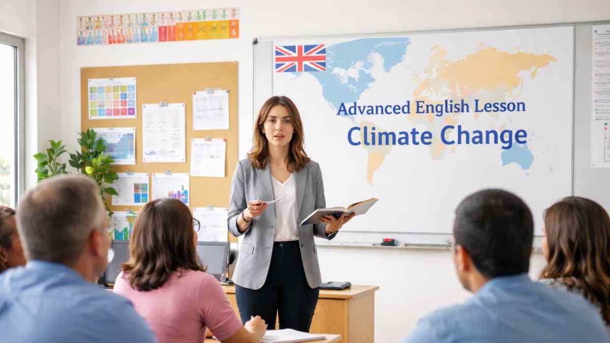 Docente impartiendo clase de inglés en un aula durante el proceso de acreditación de Inglés Avanzado para profesores