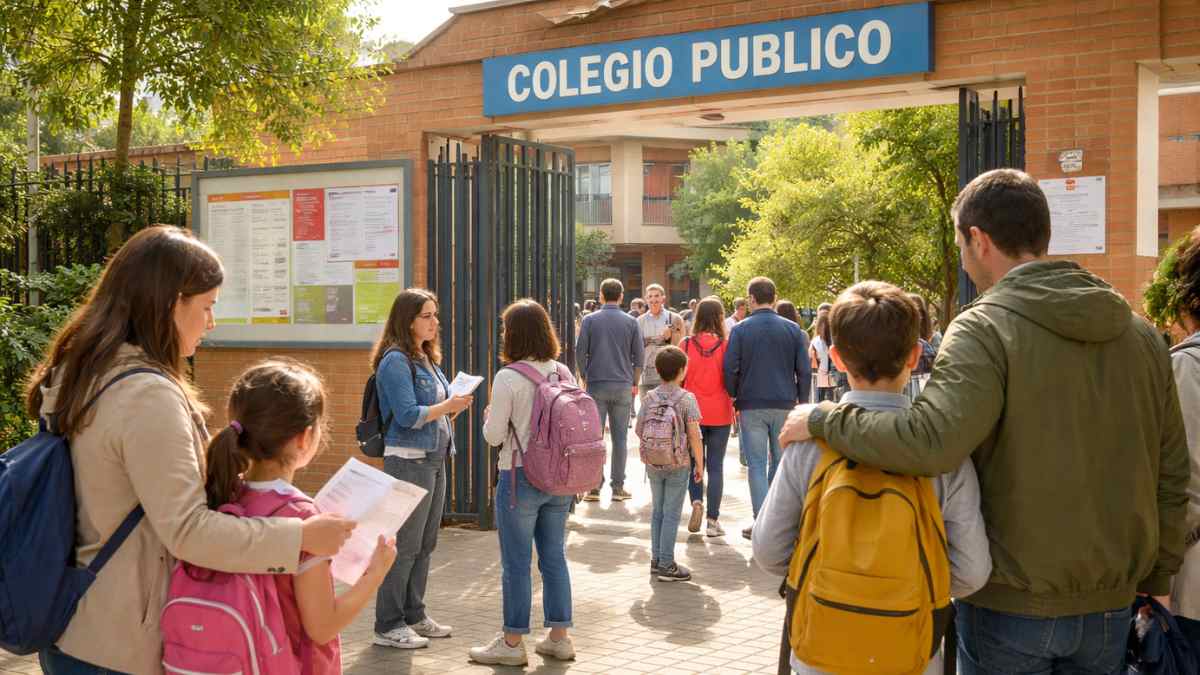Familias entrando en un colegio público durante el proceso de escolarización en Madrid para el curso 2026-2027