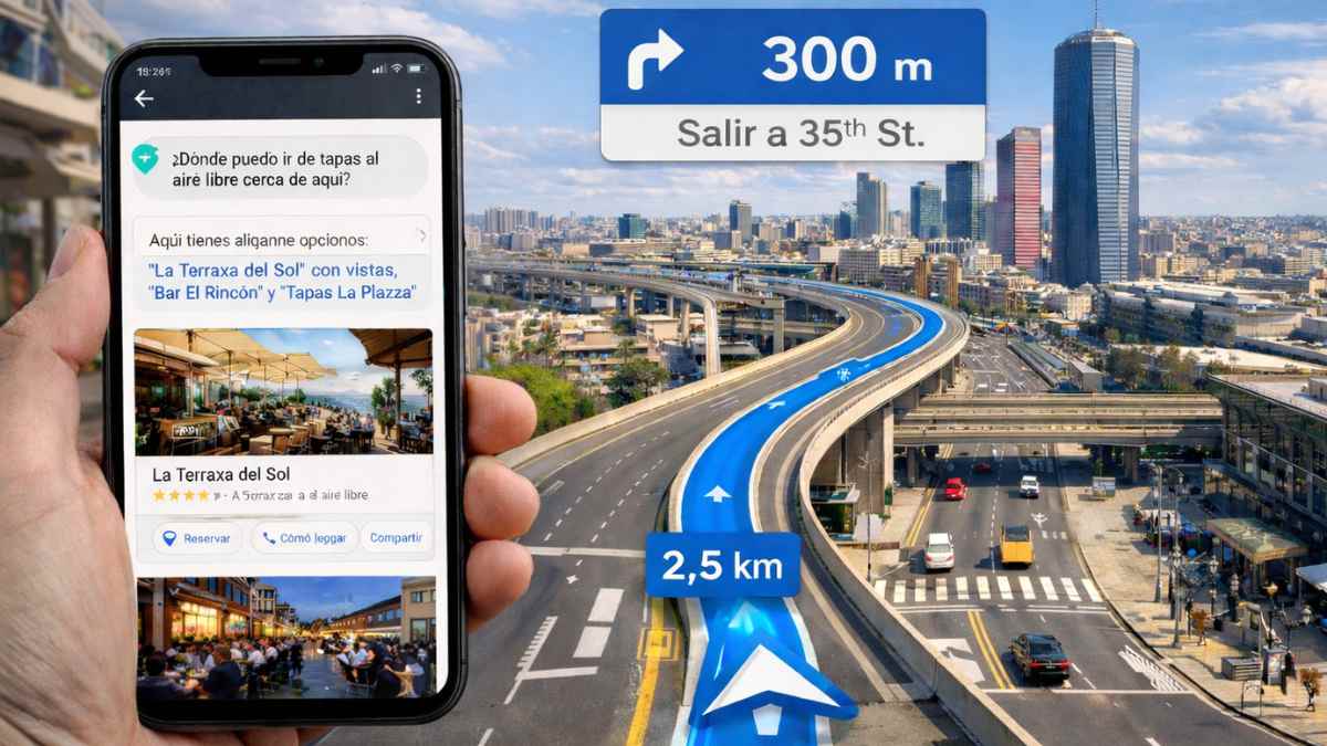 Google Maps con Ask Maps y navegación 3D mostrando una ruta en carretera desde un móvil