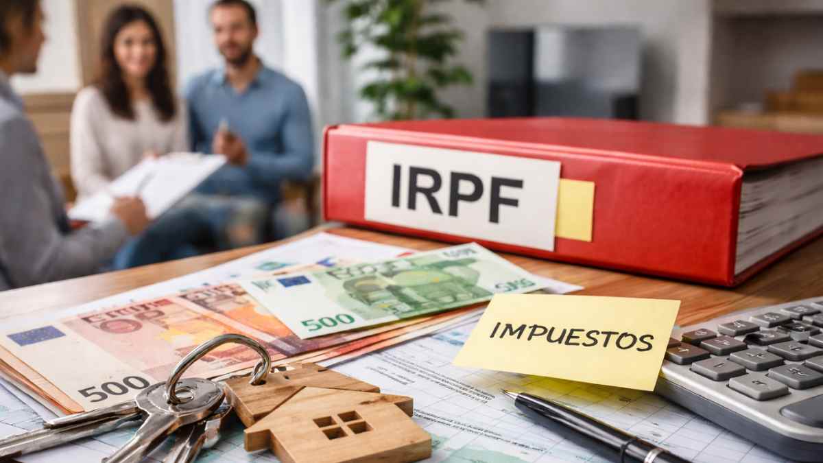 Carpeta del IRPF junto a llaves de vivienda y billetes de euro por la subida del alquiler y recorte fiscal a caseros en 2026