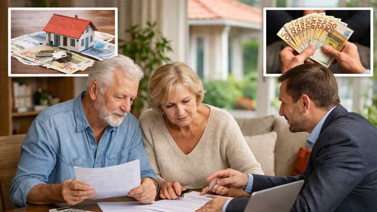 Jubilados revisando documentos con asesor financiero sobre una hipoteca inversa para obtener ingresos extra con su vivienda