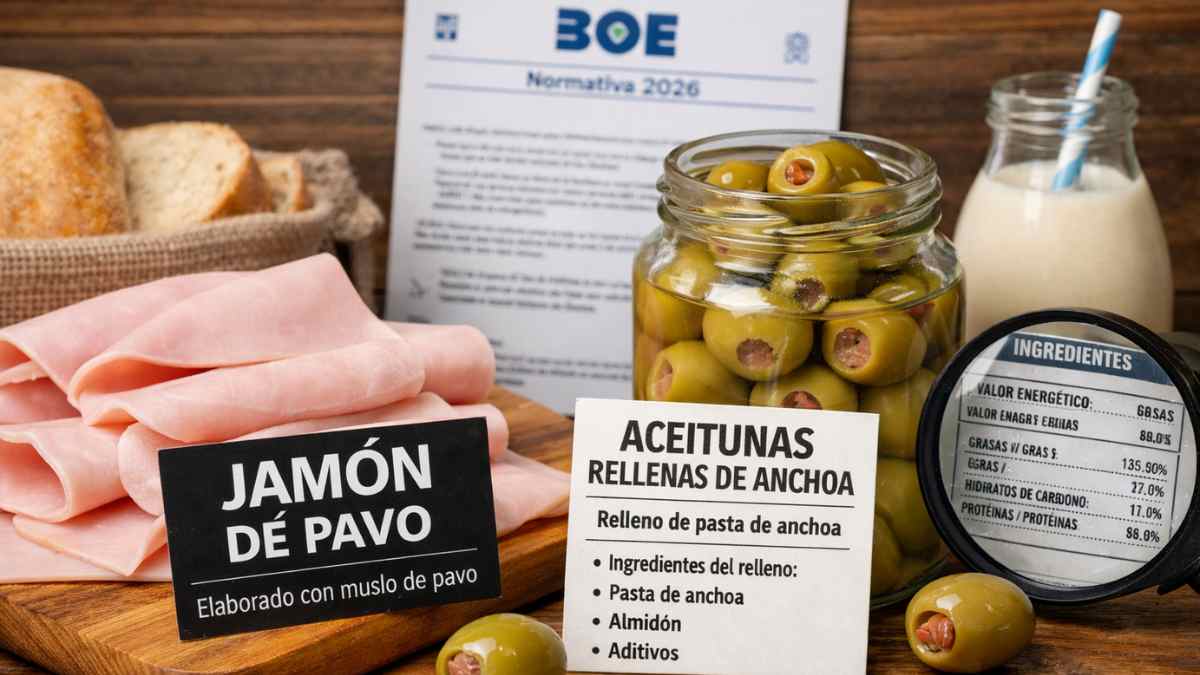 Jamón de pavo y aceitunas rellenas con nuevo etiquetado según normativa del BOE 2026
