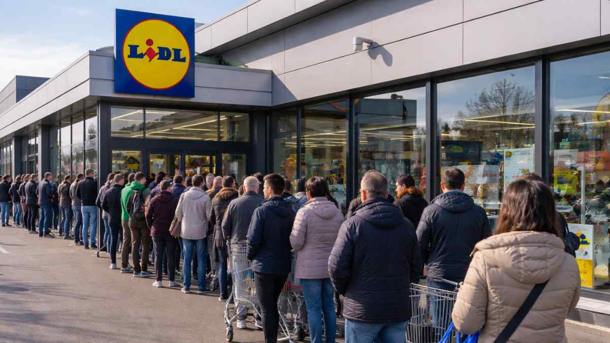 cola de personas en supermercado lidl por ofertas de primavera con descuentos hasta el 70