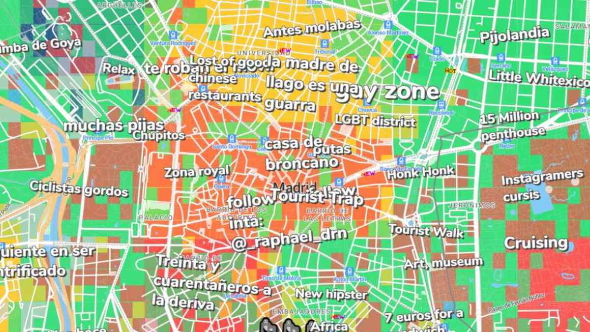 Mapa alternativo de Madrid en Hoodmaps con etiquetas virales sobre barrios como Malasaña, Lavapiés y Móstoles