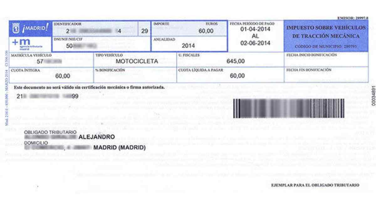 Recibo del impuesto de circulación del Ayuntamiento de Madrid correspondiente al IVTM de un vehículo