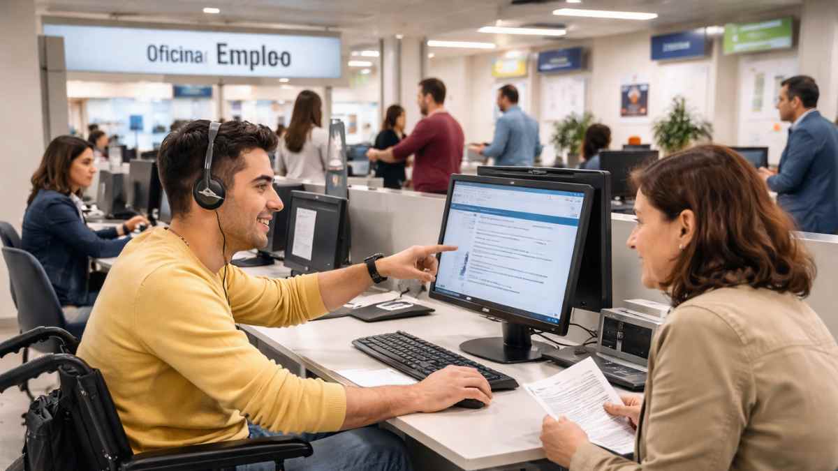 Persona con discapacidad ayuda a una usuaria a renovar la demanda de empleo en una oficina de empleo de la Comunidad de Madrid
