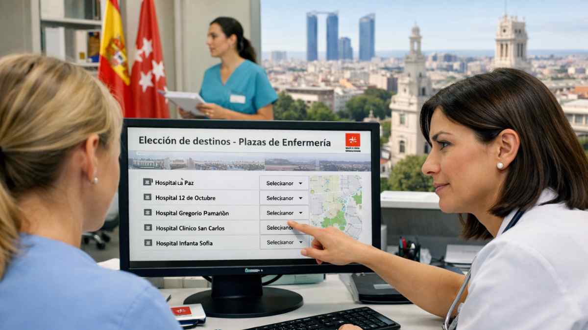 Enfermeras revisando la elección de destinos para plazas de Enfermería en la Comunidad de Madrid