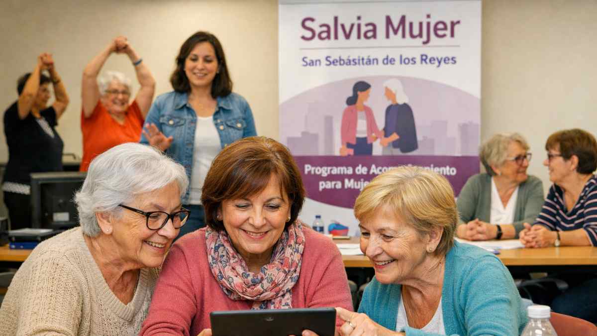 Programa Salvia Mujer en San Sebastián de los Reyes con mujeres mayores aprendiendo a usar tecnología en un taller contra la soledad
