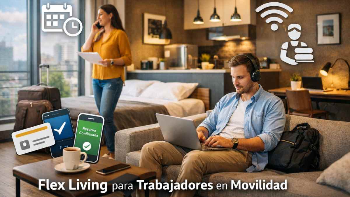 Trabajador en apartamento de flex living con portátil en estancia temporal por movilidad laboral