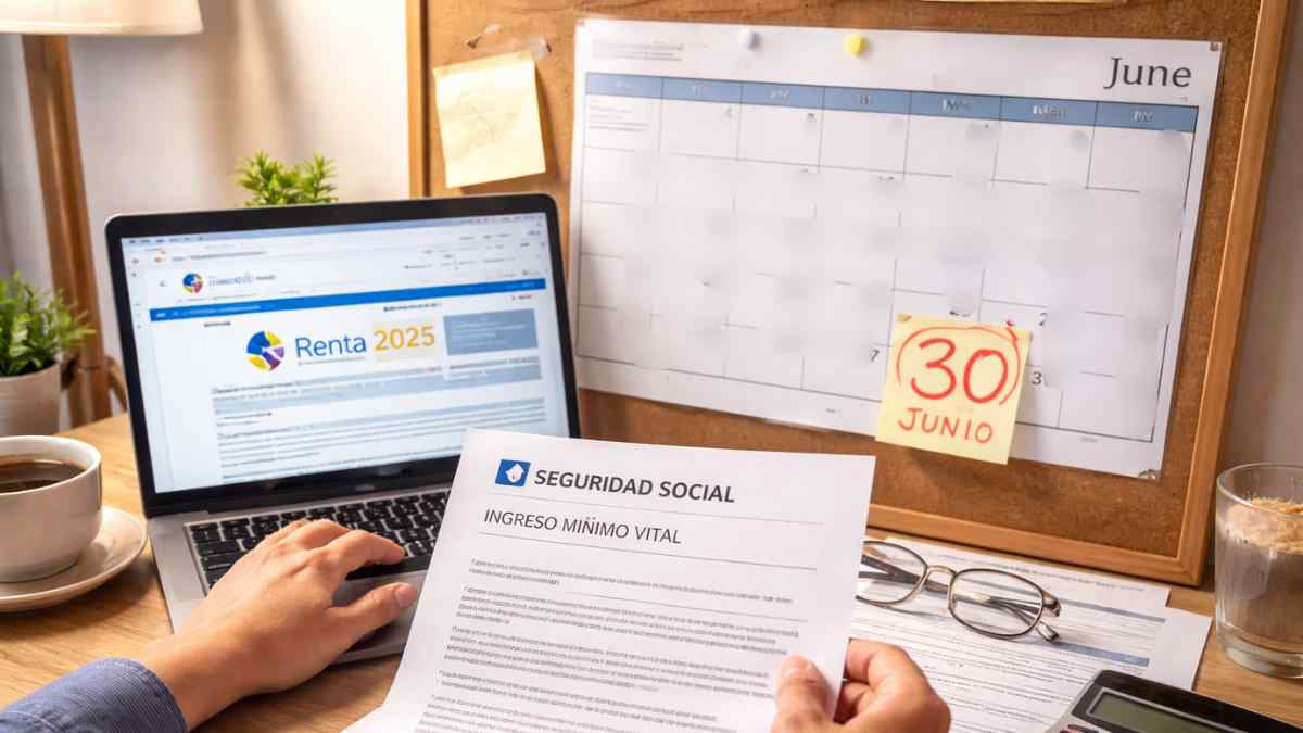 Persona revisando documentos del Ingreso Mínimo Vital mientras presenta la declaración de la Renta antes del 30 de junio.