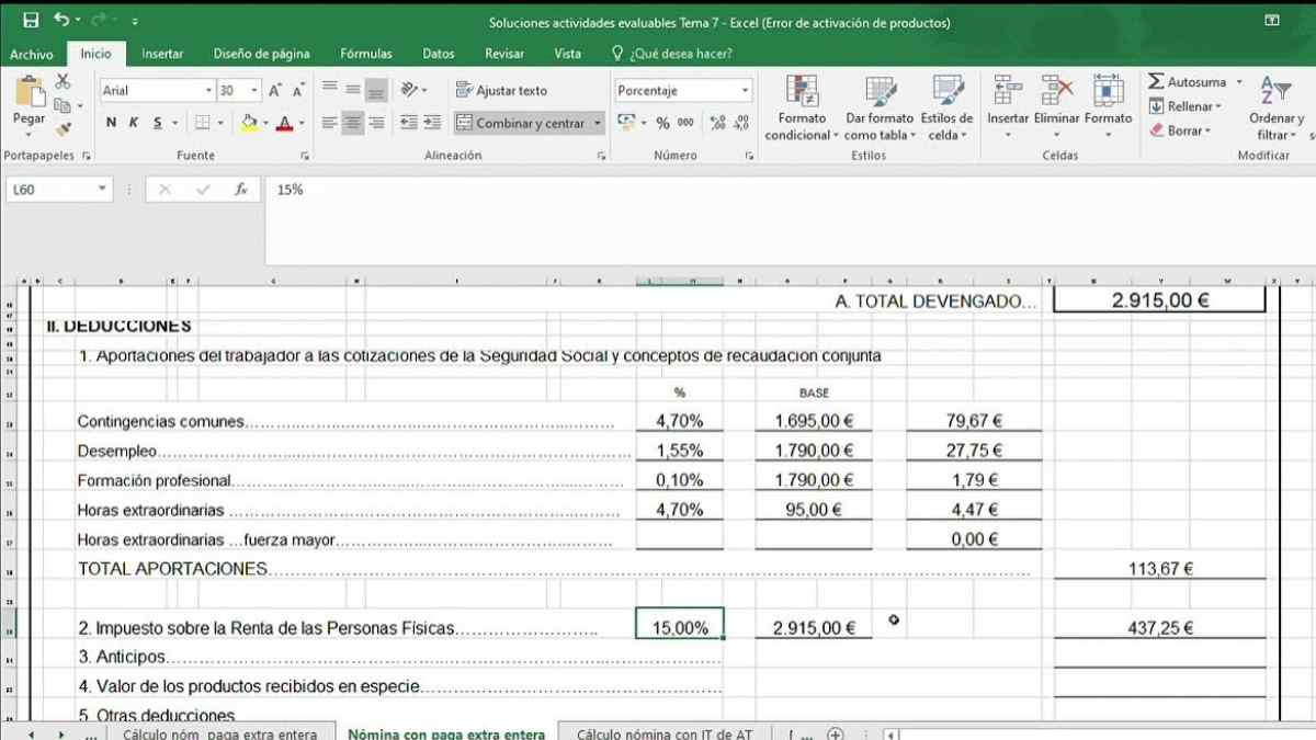 Nómina en Excel con pagas extra prorrateadas y deducciones que afectan al subsidio del SEPE en 2026