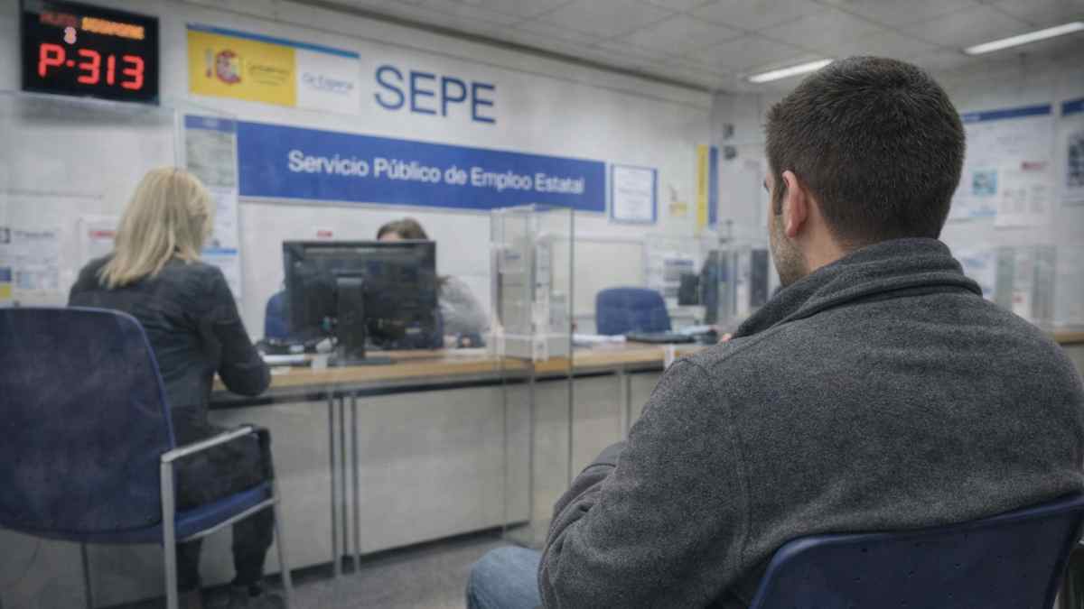 oficina del sepe con persona esperando para solicitar prestación por desempleo