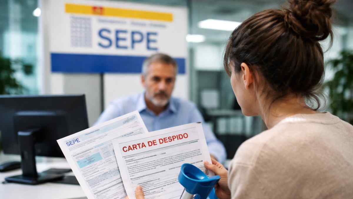 Mujer en oficina del SEPE con carta de despido mientras está de baja médica solicitando el paro