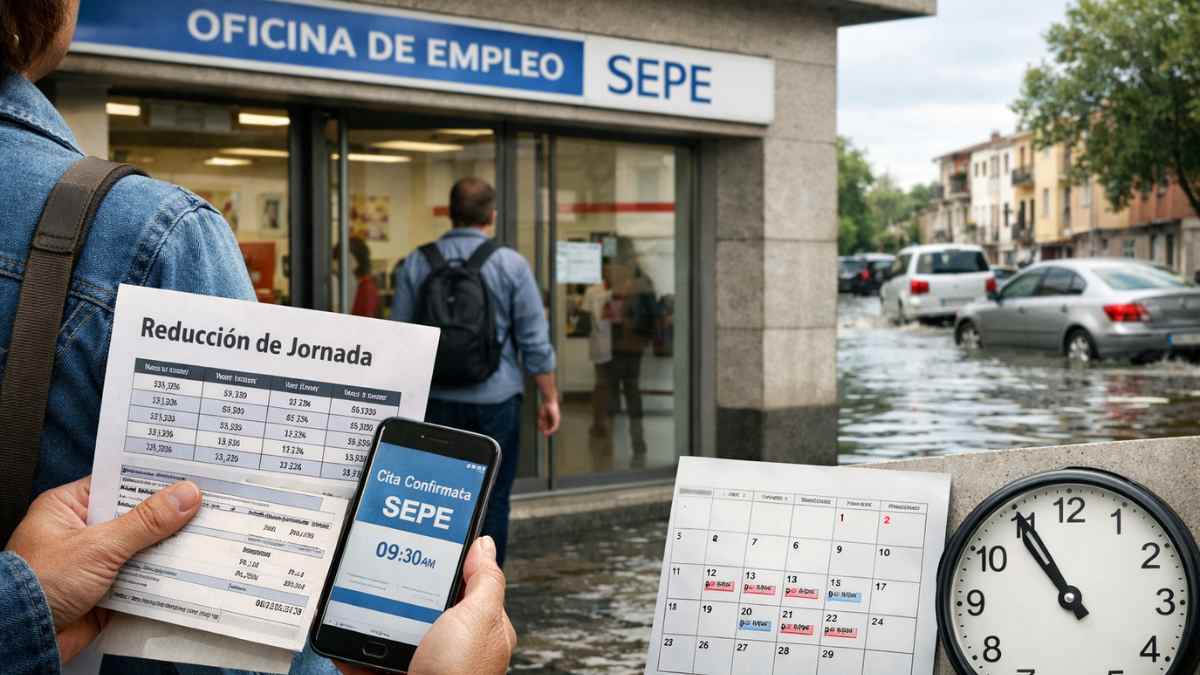 Trabajador con documento de reducción de jornada frente a oficina del SEPE para solicitar el paro