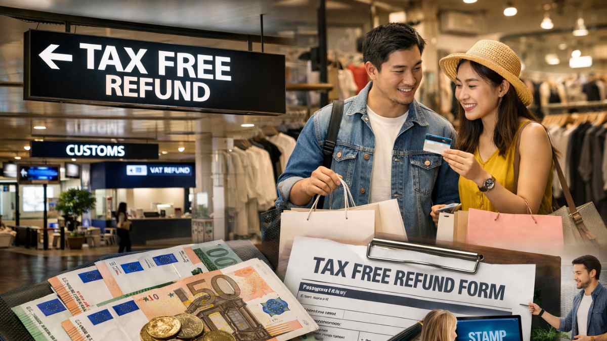 Turistas comprando en tienda con cartel tax free refund en Europa y formulario de devolución del IVA