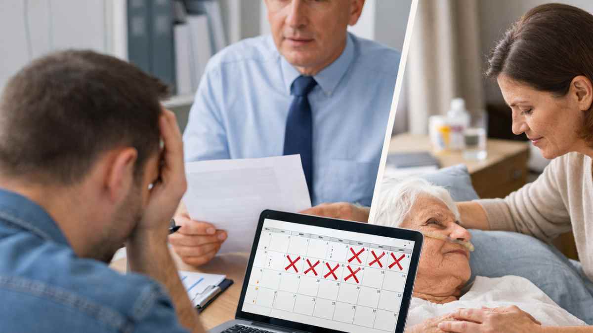 Trabajador preocupado revisa calendario de permiso laboral para cuidar a un familiar enfermo en casa