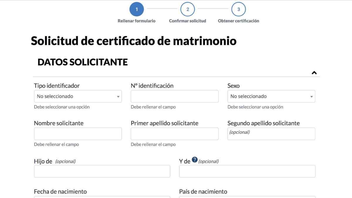 Formulario online para solicitar certificado de matrimonio civil en Madrid desde Cuenta Digital